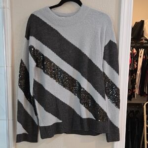 Gray and Black Sequin Striped Sweater